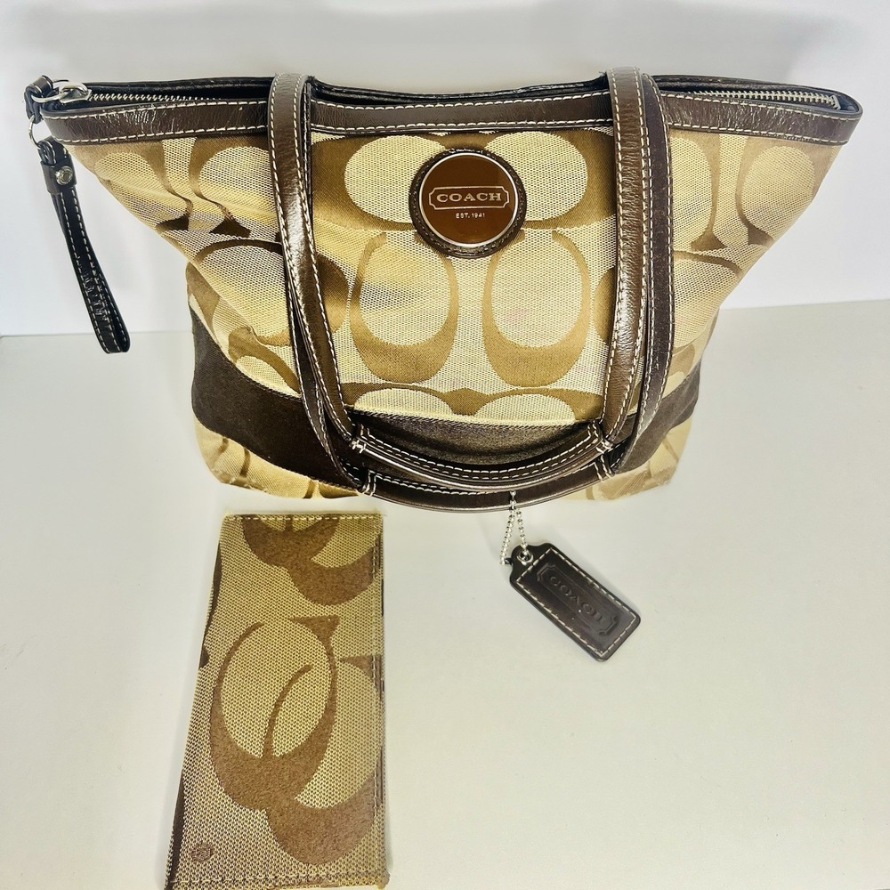 Coach Signature Stripe Tote Khaki Brown Canvas Bag F15112 & Checkbook Wallet